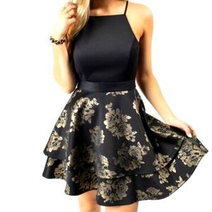 Black And Gold Floral Lace Rose Halter Top Prom Formal Casual Short Dress
